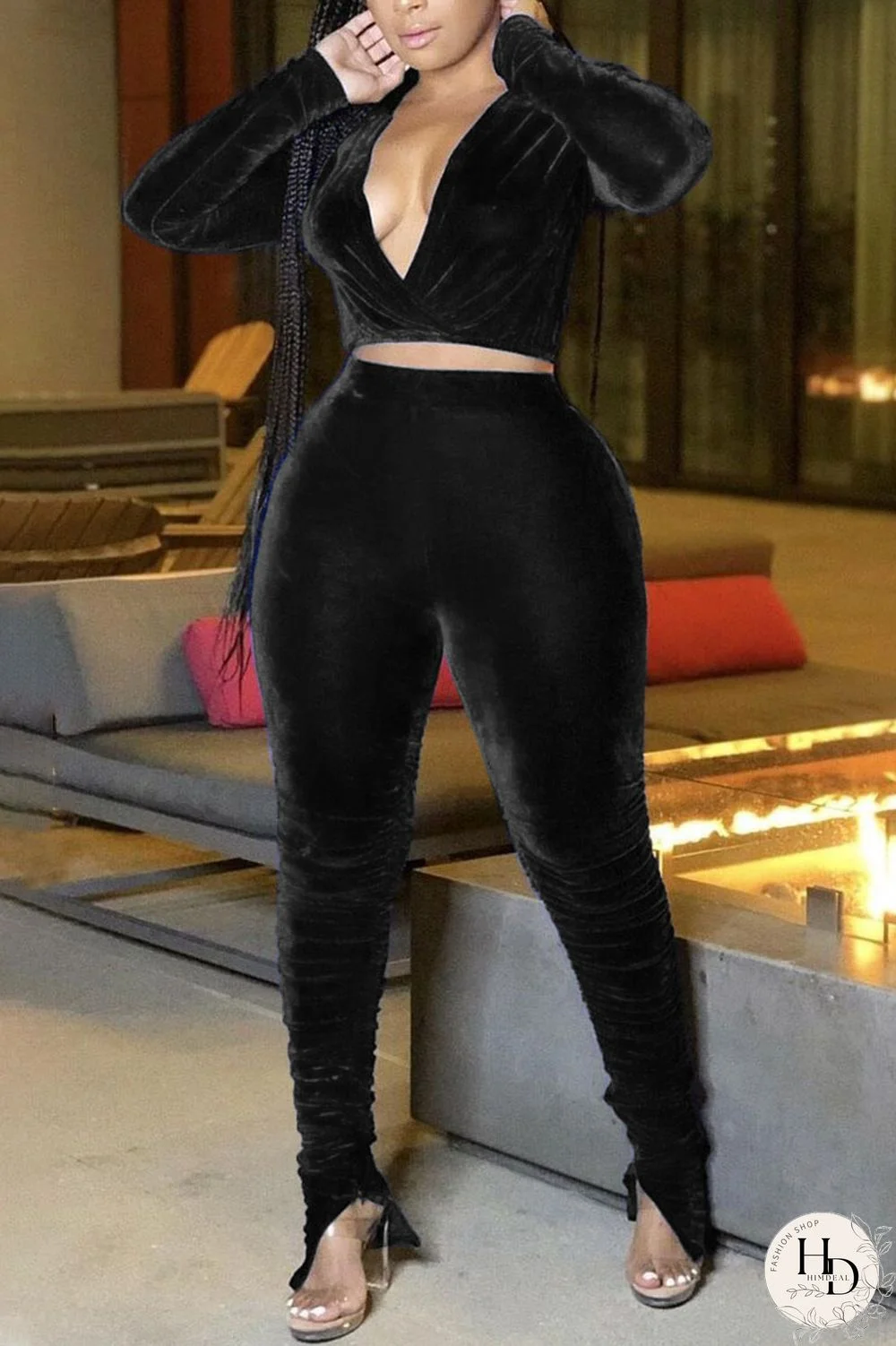 Black Sexy Solid Slit Fold V Neck Long Sleeve Two Pieces