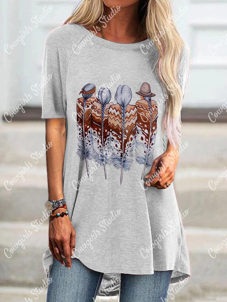 Crew Neck Native American Feather Braid T-Shirt
