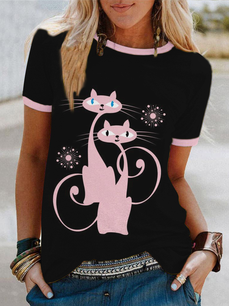 wearshes Lovely Cat Art Print Short Sleeve Casual T-Shirt