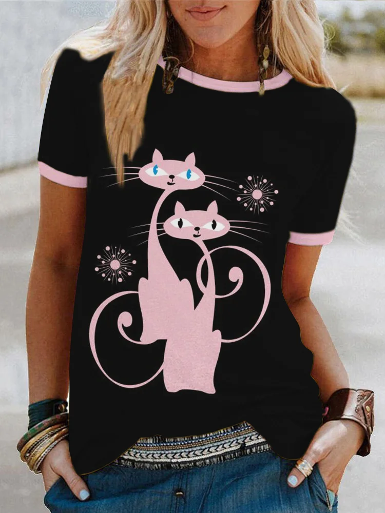 Lovely Cat Art Print Short Sleeve Casual T-Shirt