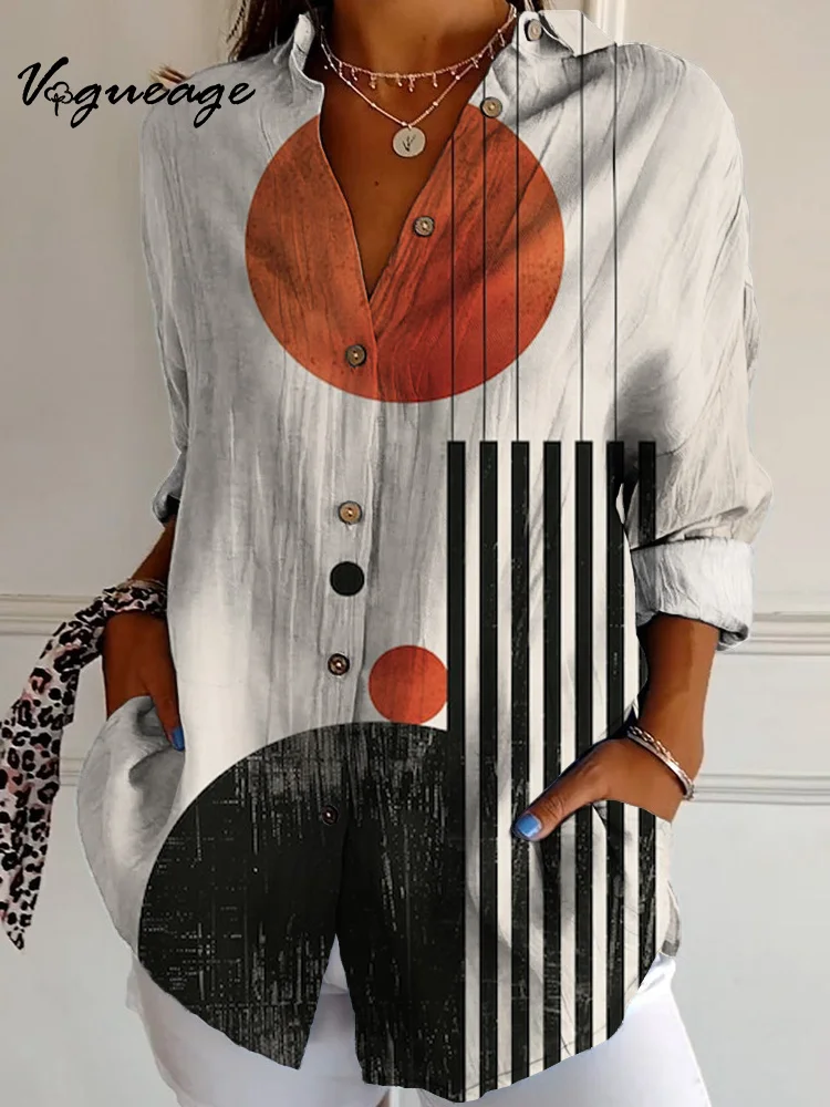 Simple High-Level Line Geometric Pattern Long Sleeves Printed Cotton And Linen Shirt