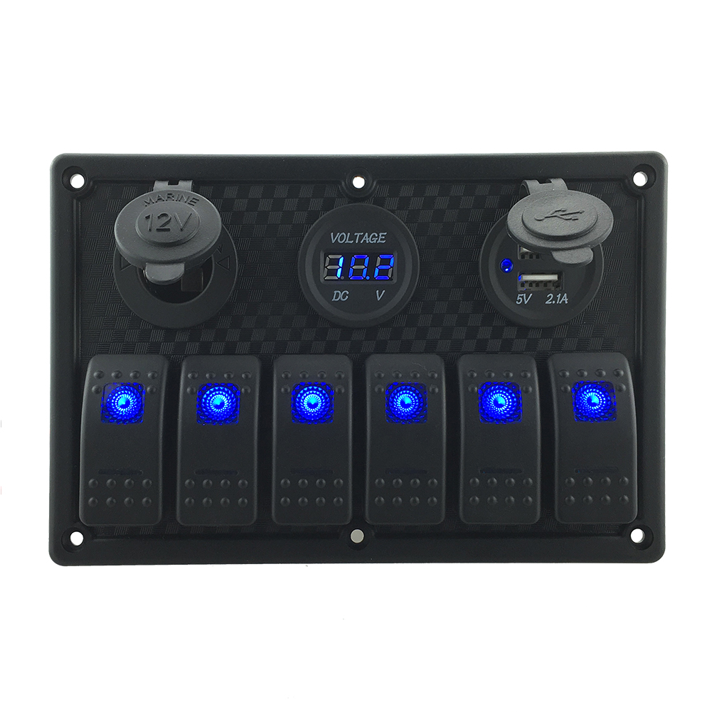 

6 Gang Blue LED Rocker Switch Panel USB Car Charger Voltmeter 12V Outlet, 501 Original