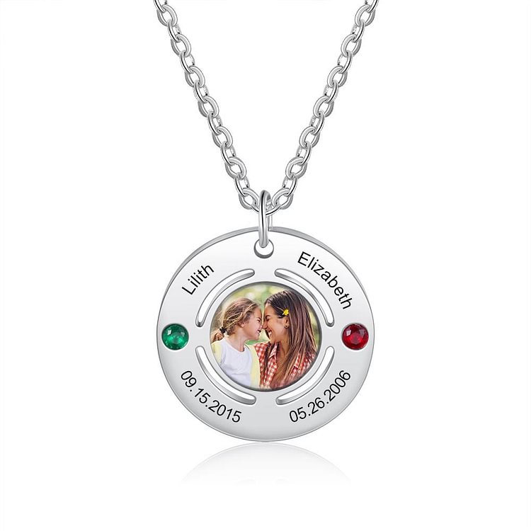 Personalized Picture Necklace With 2 Birthstones Engraved 2 Names, Custom Necklace with Picture and Name