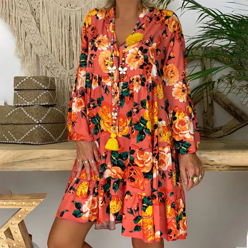 Fashion Bohemian Women Dresses Summer Long Sleeve Button Loose Mini Dress Big Swing Boho Dress Printed Vestido