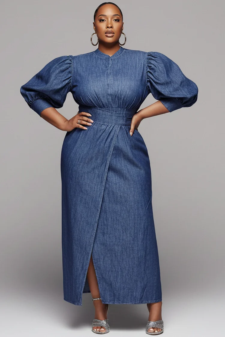 Xpluswear Design Plus Size Business Casual Blue Mock Neck Half Sleeve Split Elegant Denim Maxi Dresses 2024 - Xpluswear