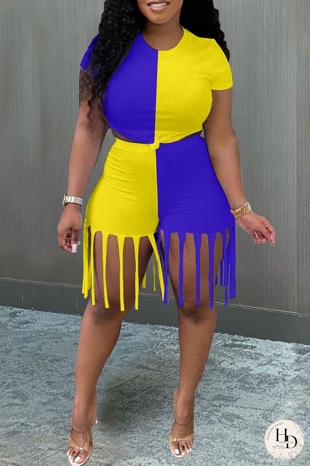 Yellow Blue Fashion Casual Patchwork Tassel O Neck Short Sleeve Two Pieces