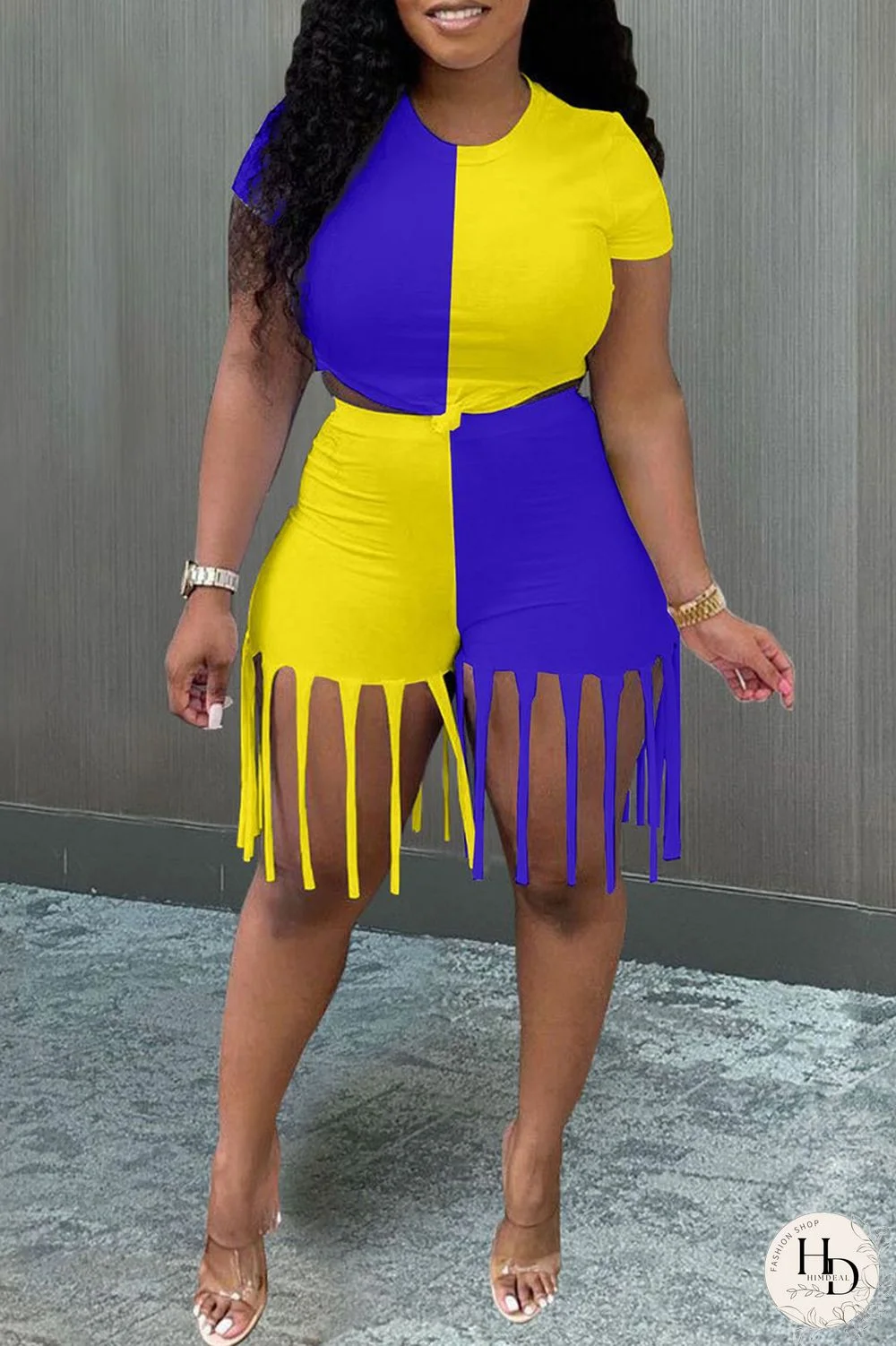 Yellow Blue Fashion Casual Patchwork Tassel O Neck Short Sleeve Two Pieces
