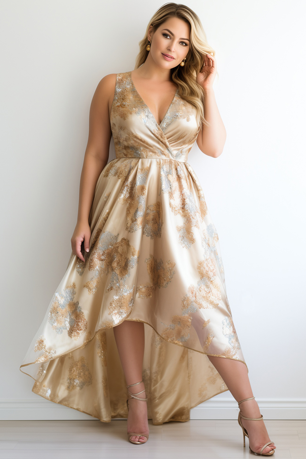 Flycurvy Plus Size Wedding Guest Apricot Satin Floral Print Sleeveless High Low Hem Maxi Dress