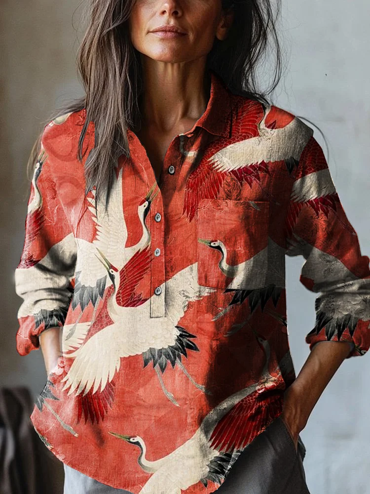 Women's Japanese Art Crane Art Print Casual Cotton And Linen Shirt