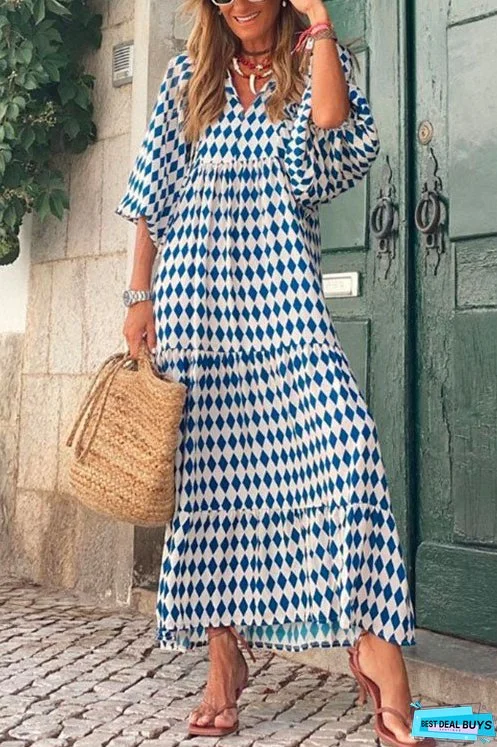 Meridress Puff Sleeve Geometry Printed Swing Dress