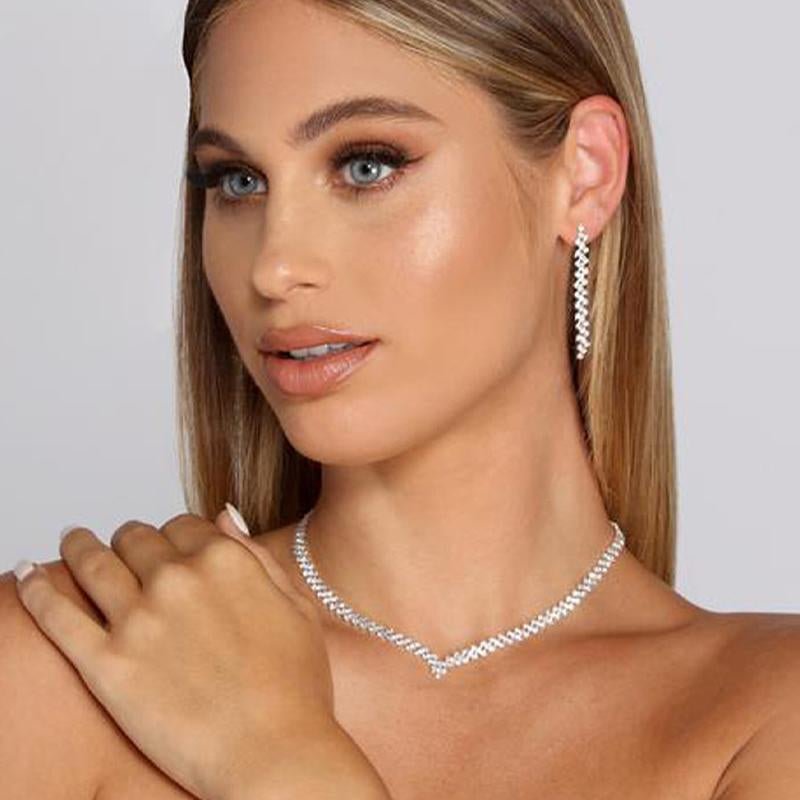 Iced Out Rhinestone V-Shape Choker Women Necklace Party Jewelry-VESSFUL