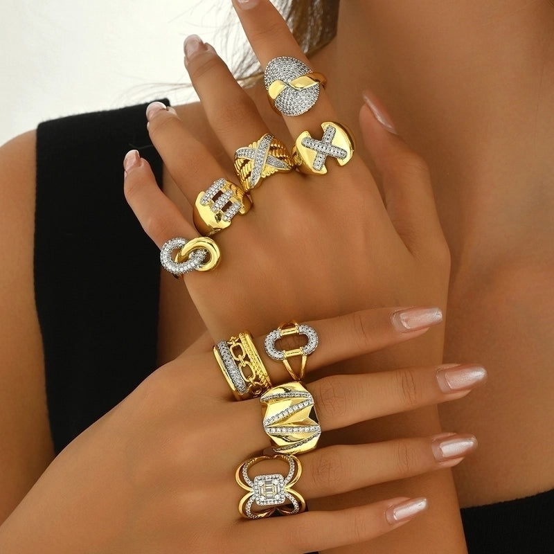 Copper 18K Gold Plated Inlay Geometric Zircon Open Rings