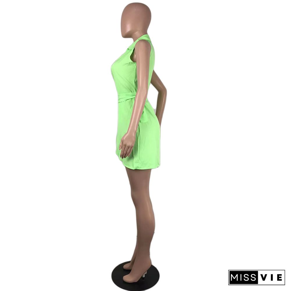 Turn Down Collar Sleeveless Lace Up Elegant Dress