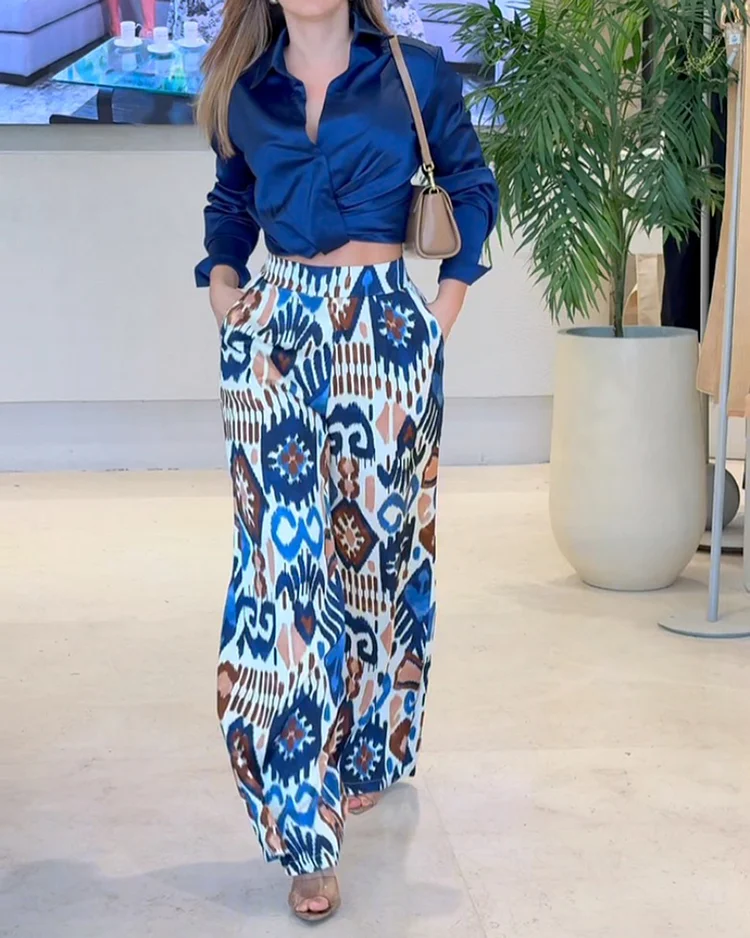 Lapel Long Sleeve Top Printed Pants Two-Piece Set