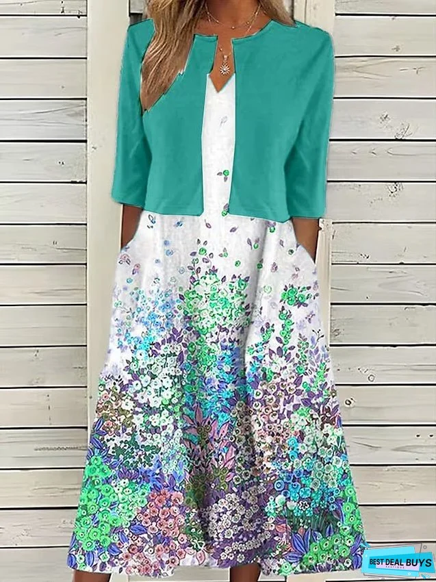 Two Piece Dress Set Casual Dress Print Dress Outdoor Daily Active Modern Pocket Print Midi Dress V Neck Half Sleeve Floral Regular Fit White Red Green Summer Spring S M L XL XXL for Women