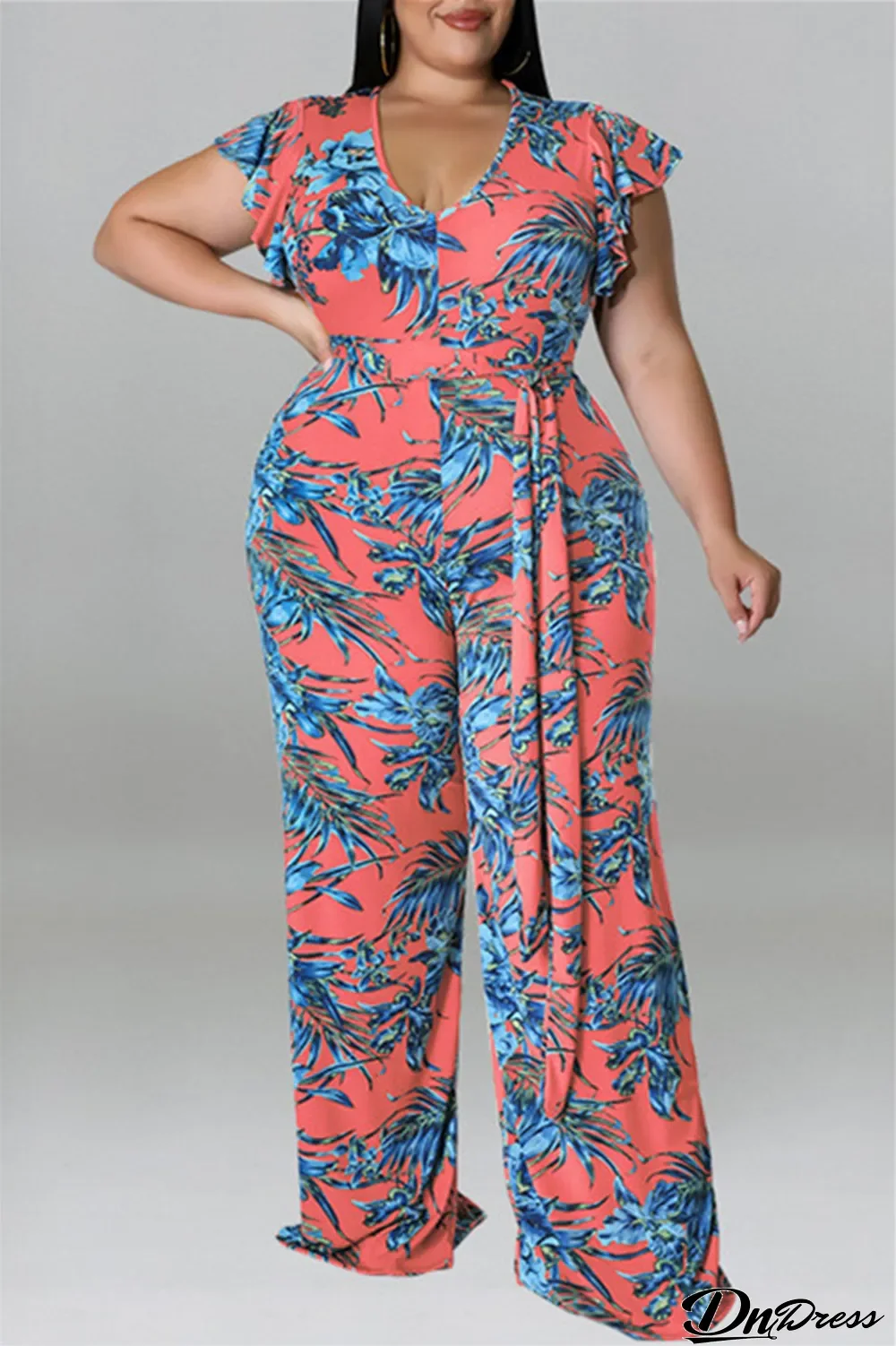 Red Fashion Casual Print With Belt V Neck Plus Size Two Pieces