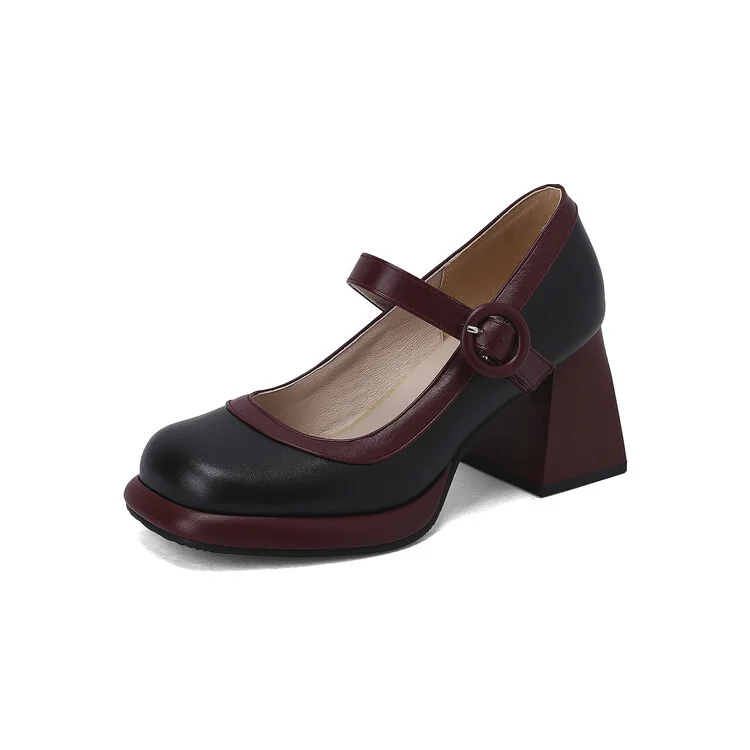 Qengg Qengg Jane Shoes Patchwork Color Square Head Thick Heel Shallow Mouth Large Size Women's Shoes High Heel Shoes 7975-9