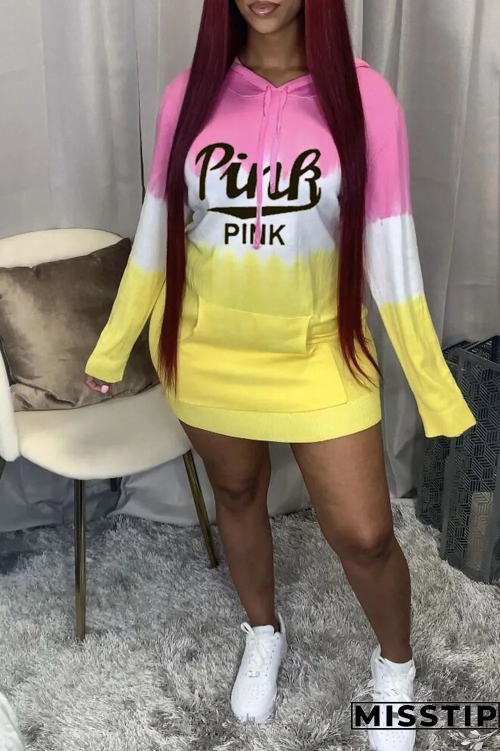Pink Yellow Casual Print Patchwork Hooded Collar T-shirt Dress Dresses
