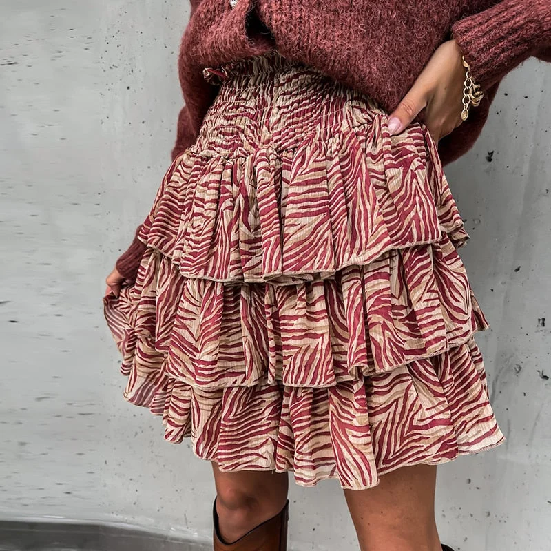 Graduation Gifts  2022 New Women Casual A Line Leopard Print Skirt High Elastic Waist Ruffles Mini Skirt Female Zebra Striped Skirts Faldas Autumn