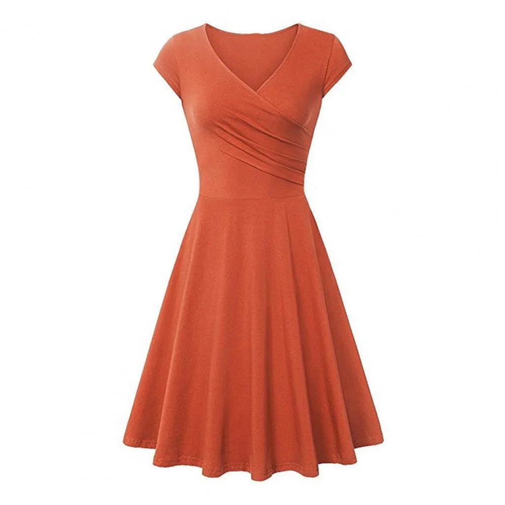 2023 Women Slim Dress A-Line T-shirt Style Basic Dress Cross Wrap V-Neck Short Sleeve Swing Dress Pleated Large Hem Streetwear