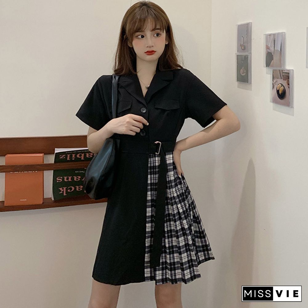 Belted Lapel Lattice Pleated Dress