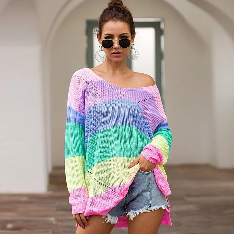 Fitshinling Rainbow Striped Long Sweater Femme Pull V Neck Slim Pullovers Autumn Winter Long Sleeve Sweaters Women Jumpers Sale