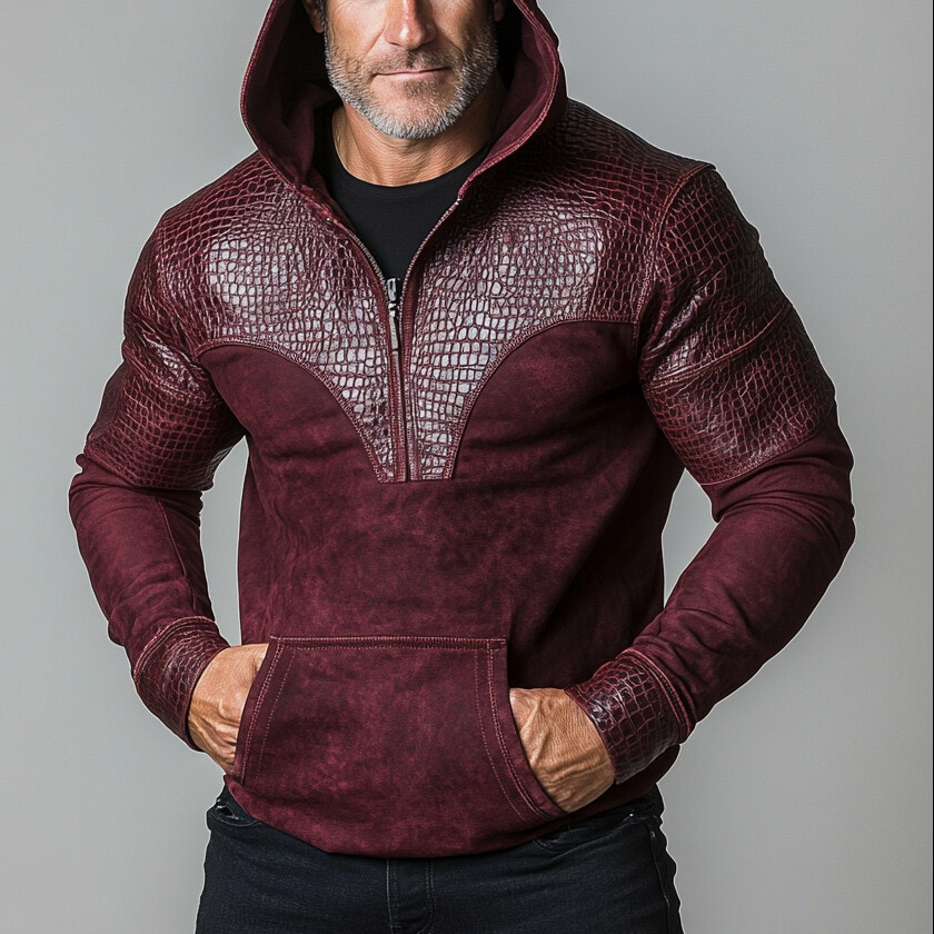 Men's Crocodile Pattern PU Leather Patchwork Half Zip Pocket Hoodie