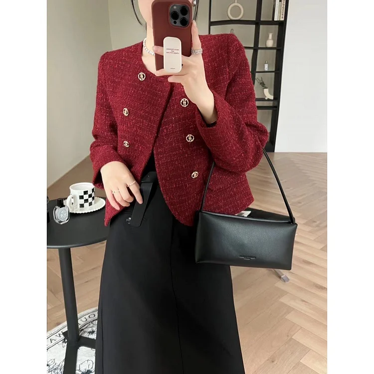 Red Double-Breasted Tweed Crop Jacket QueenFunky