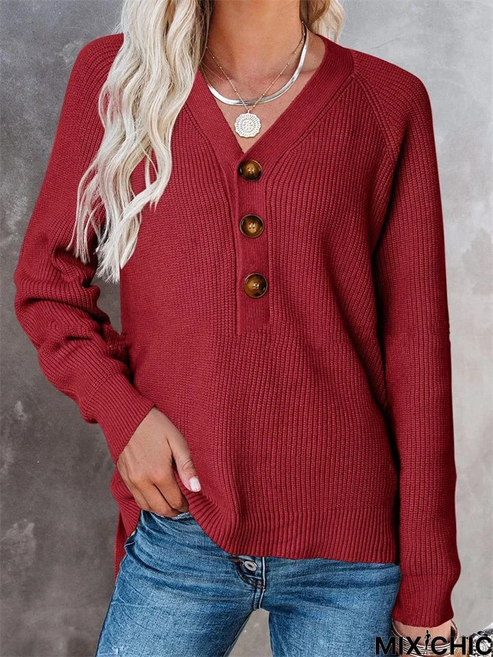 Temperament Commuter Solid Color V-Neck Button Knitted Sweater