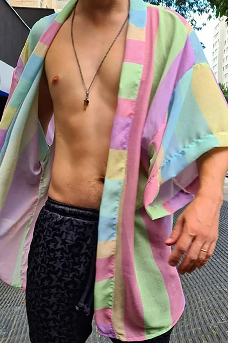 Men's Rainbow Stripe Leisure Cardigan Half Sleeves Festival Robe