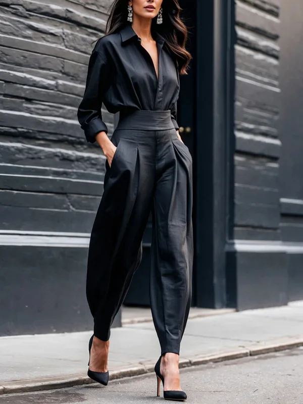 Solid Color Linen Shirt Wide Leg Pants Ladies Two Piece Suit
