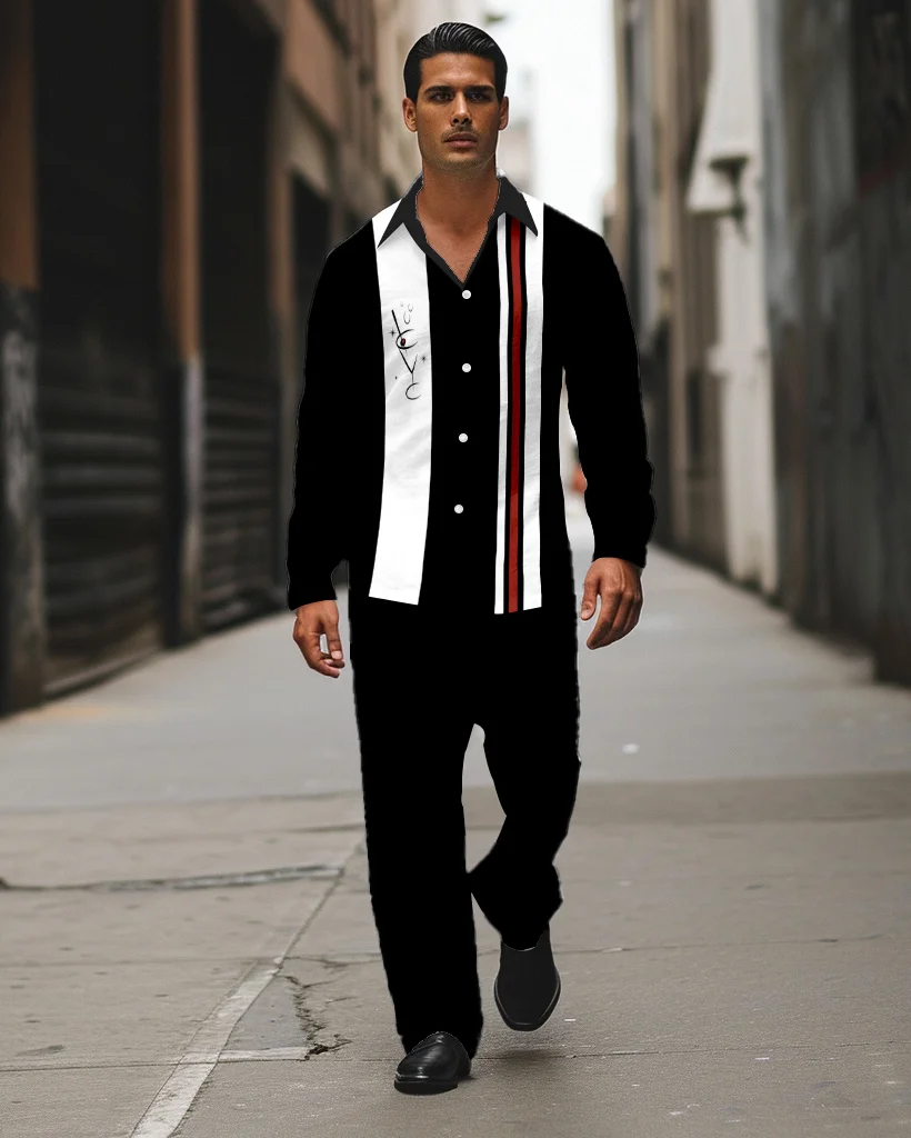Men's Color Block Printed Long Sleeve Shirt Walking Suit 591
