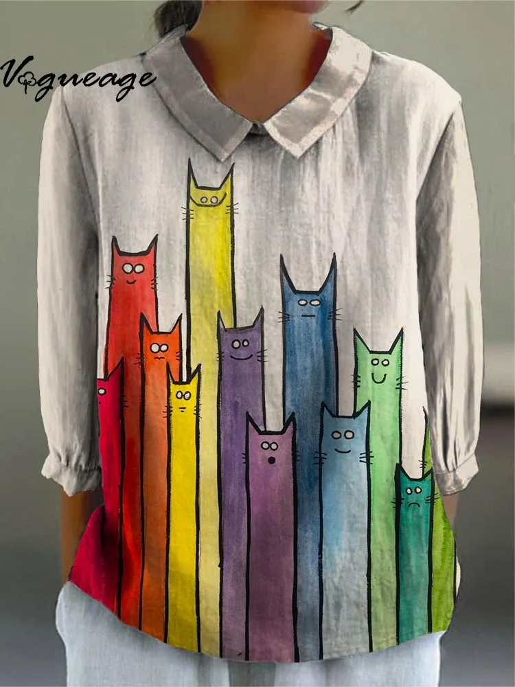 Simple And Elegant Striped Cat Printed Cotton And Linen Shirt