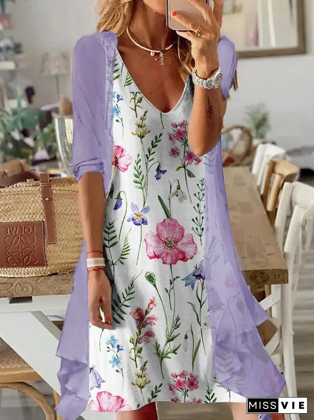 Women'S Dresses Floral Print V-Neck Chiffon Two-Piece Dress