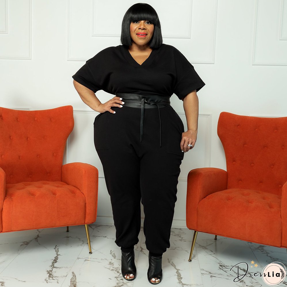 Spring Plus Size Women's Solid Short Sleeve V-Neck Jumpsuit
