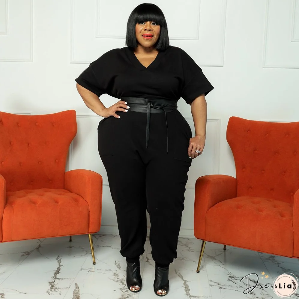 Spring Plus Size Women's Solid Short Sleeve V-Neck Jumpsuit