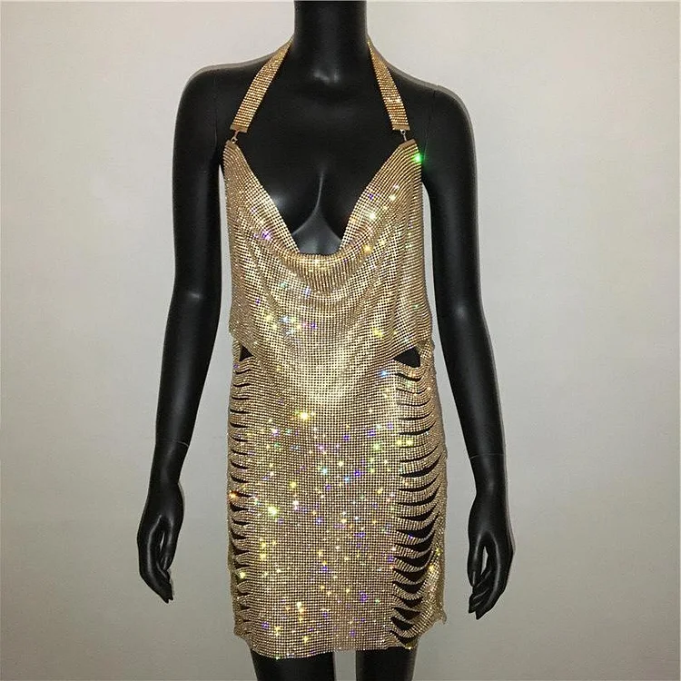 Metal Rhinestone Hollow Out Backless Halter Mini Slip Dress