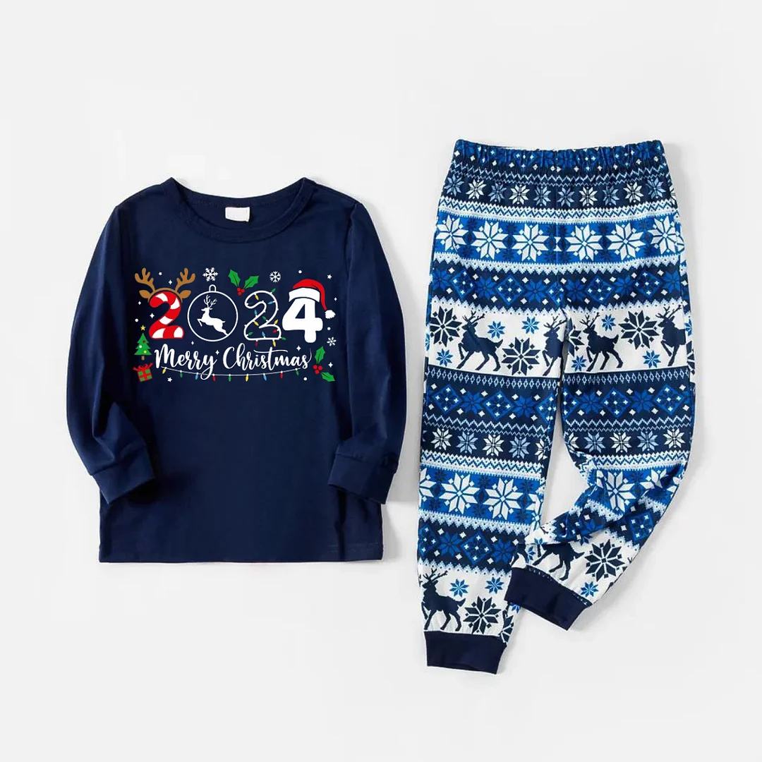 2024 Merry Christmas Text Print Blue Family Matching Pajamas