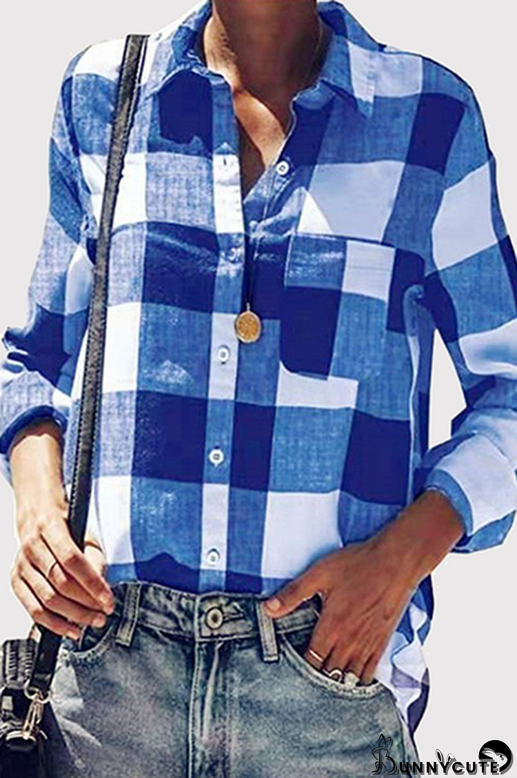 Casual Plaid Pocket Buckle Turndown Collar Tops