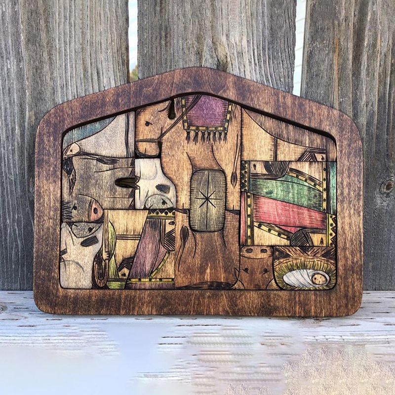 NATIVITY PUZZLE WITH WOOD BURNED DESIGN