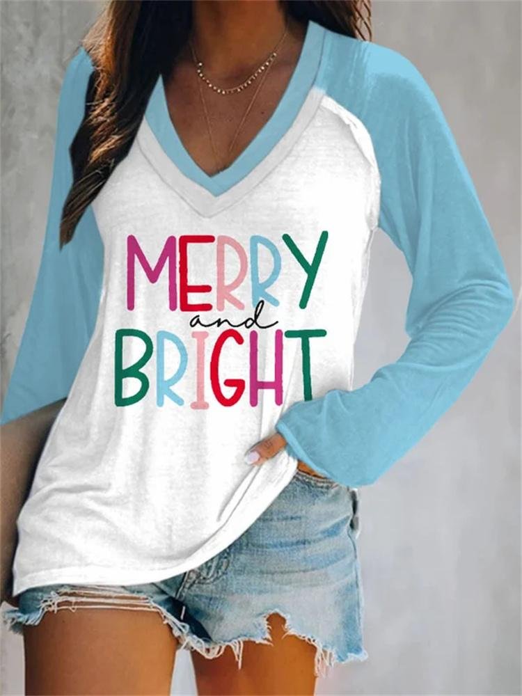 Women‘s Merry And Bright Christmas Print V-Neck Casual Sweatshirt