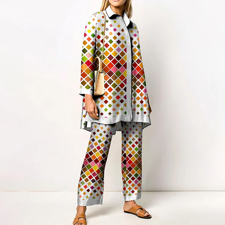 Contrast Diamond Print On Lapels Two Piece Set