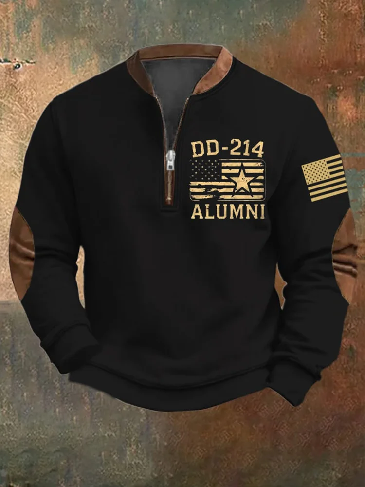 Men's Retro Dd-214 Veteran Print Zip Collar Sweatshirt
