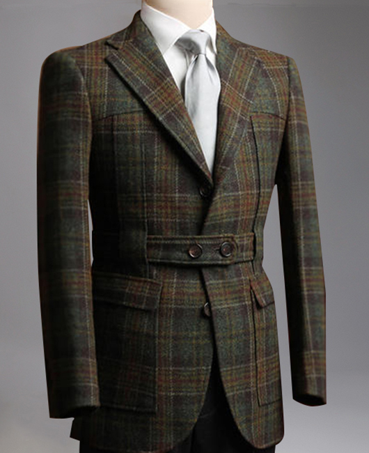 Business Tweed Notched Lapel Single-Breasted Belt Plaid Jacket