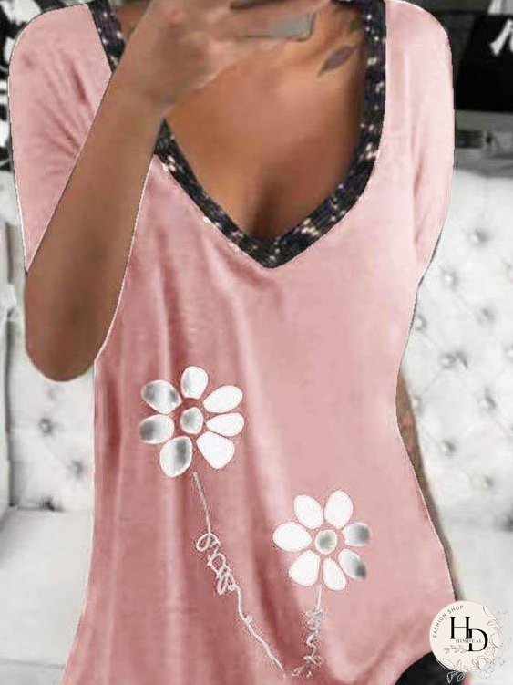 Casual V-neck Design Printed T-shirt