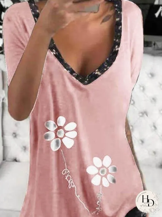 Casual V-neck Design Printed T-shirt