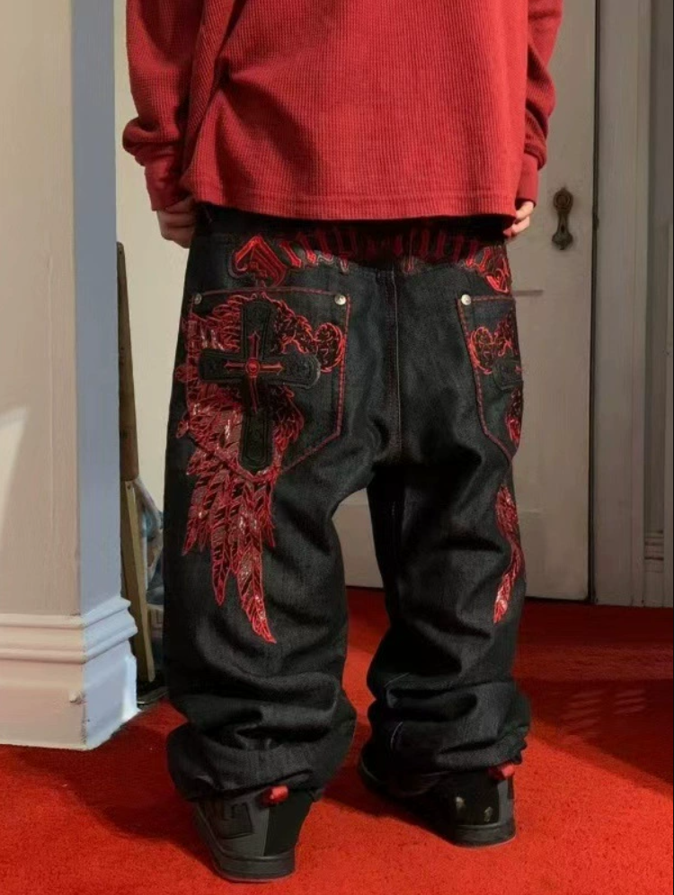 Shoptechwear Art Satanic Skull Cross Wings Embroidered Washed Denim Pants