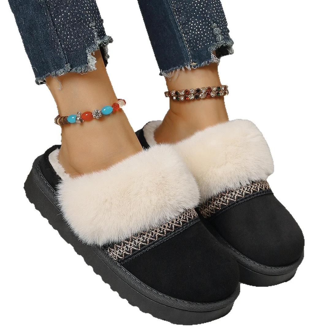 Breakj Breakj Cotton Slippers Lady Winter Home Wearing Retro Anti-Slip Thick Bottom Plus Velvet Warm Moon Shoes