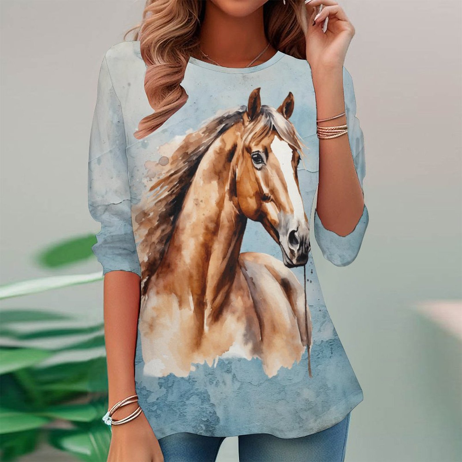 Women Long Sleeve V-neck Graphic Floral Printed Top
