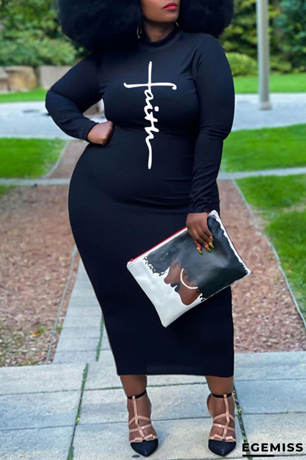 Black Fashion Casual Print Basic O Neck Long Sleeve Plus Size Dresses | EGEMISS